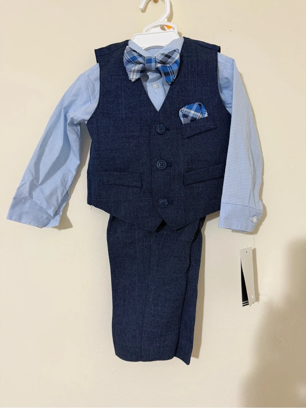 Nautica Boys Navy Vest Suit with Light Blue Shirt and Blue Plaid Bow Tie